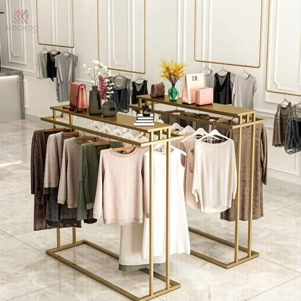 Gold Metal Clothing Display Rack Double Row Retail Garment Rack With Wheels For Boutique Clothing Store Display factory