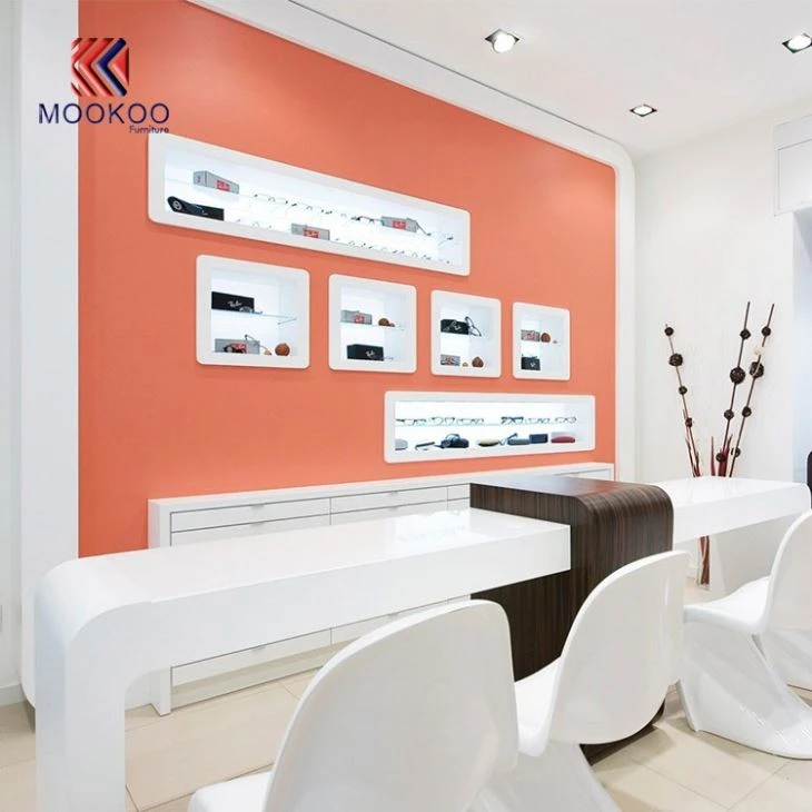 Wood And Glass Eyewear Cabinets Interior Decoration Wall Frames Showroom