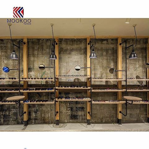 Винтидж стил очила стена рафт витрина металии и дървени дисплей дизайн